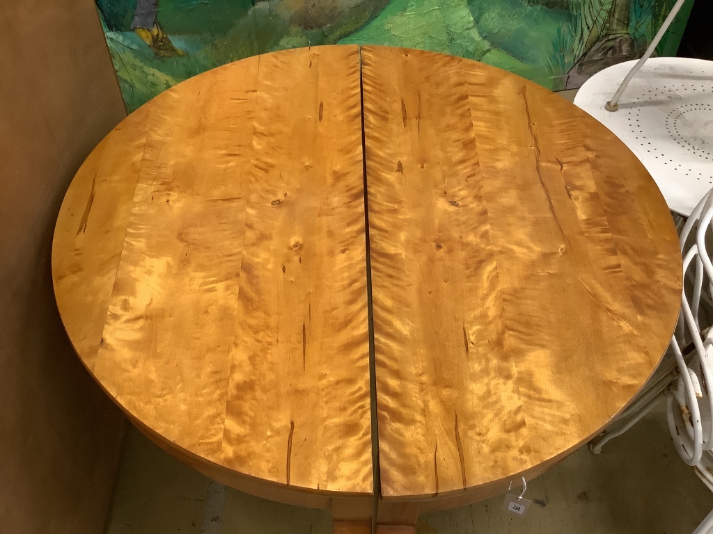 A pair of Biedermeier style satinbirch demi lune console tables, width 118cm depth 58cm height 80cm